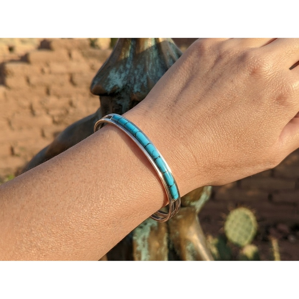 Zuni Turquoise Bracelet Signed A. Wallace Sterling Silver Size 6.75 Handmade